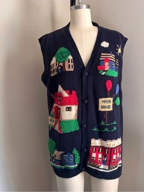 Vintage real estate Navy Knit Village Embroidered Button Vest - Colorful Homes